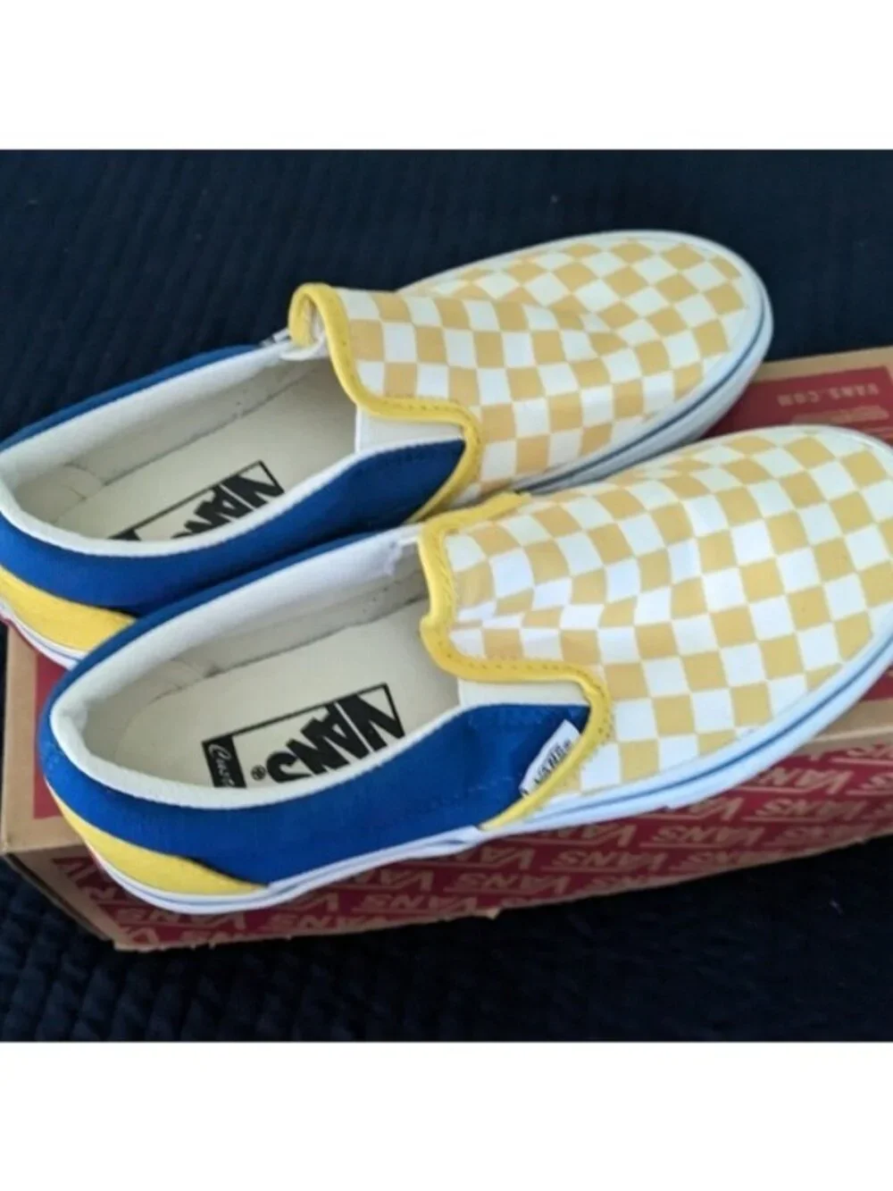 Vans Classic Slip On Women 6.5 Custom Yellow Blue and White 0826